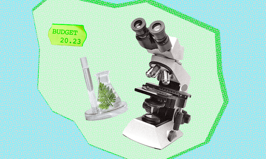a microscope and two test tubes, one with a tree inside, against a green and blue backdrop