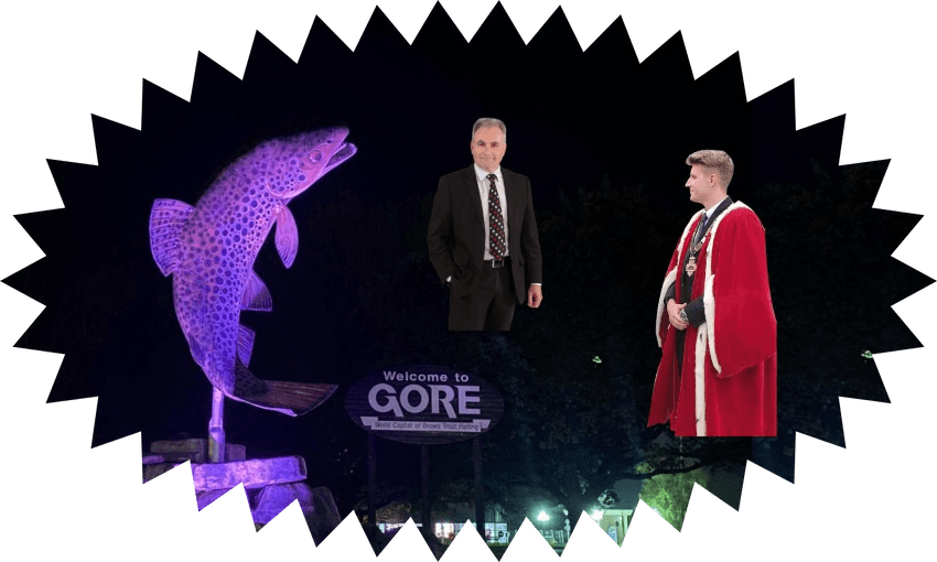 Mayor Ben Bell, CEO Stephen Parry, and the only force that may be able to sort this mess out, Gore’s supernatural brown trout statue. (Image: Jason Stretch) 
