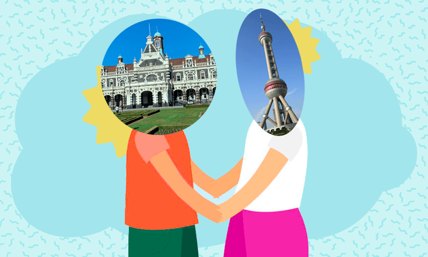 a zany blue background with a sort squiggly shape and two cartoon figures holding hands except one has the dunedin railway station for a head and the other has the iconic shanghai pearl tower
