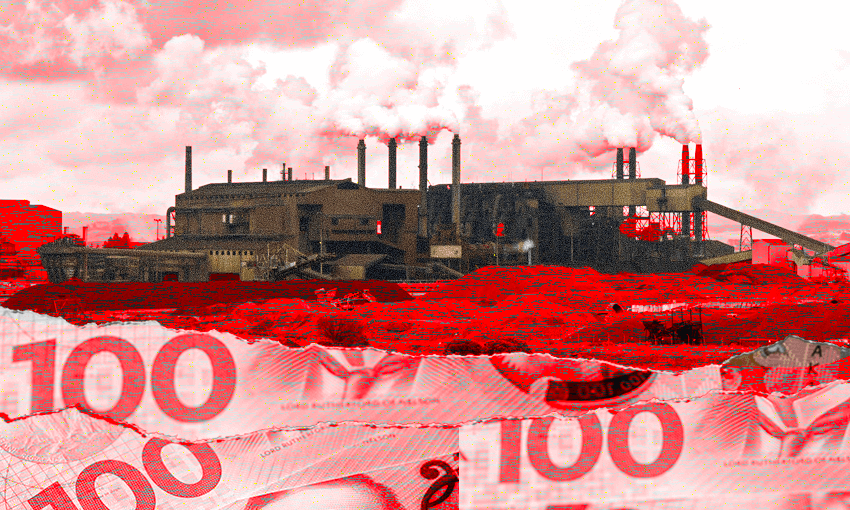 a factory with smoking towers, with $100 overlaid and a red colour wash