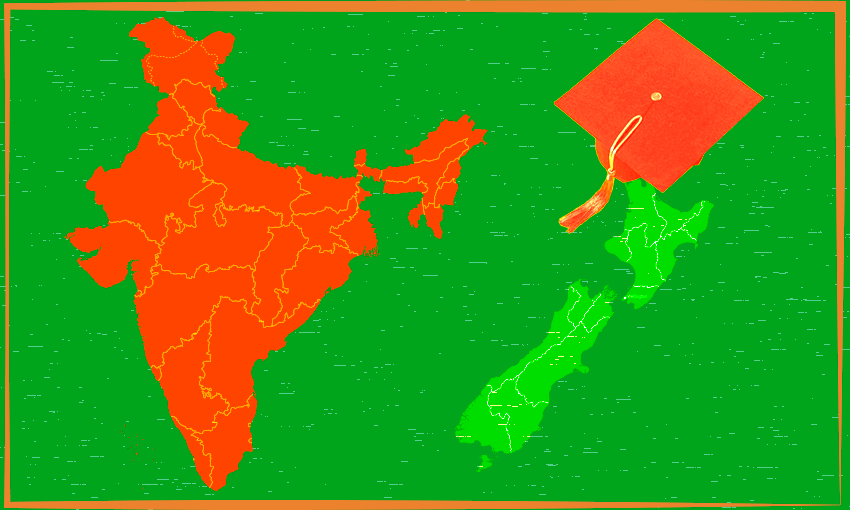 green background. New Zealand is wearing a ornage graduation cap. next to it is te map of India in orange too