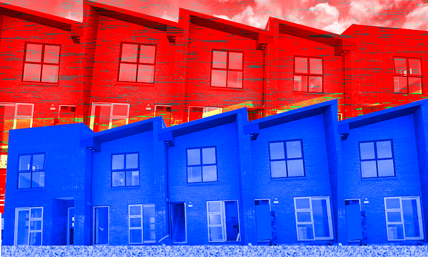 a stylised image of a row of red townhouses mirrored horizontally by a row of blue townhouses