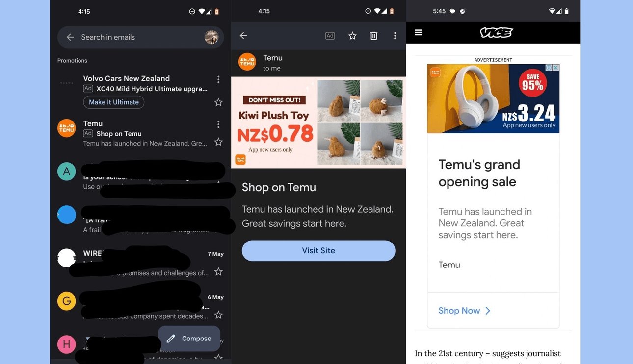 three screenshots from Shanti's android phone showing Temu ads of various flavours emphasising that it's a sale
