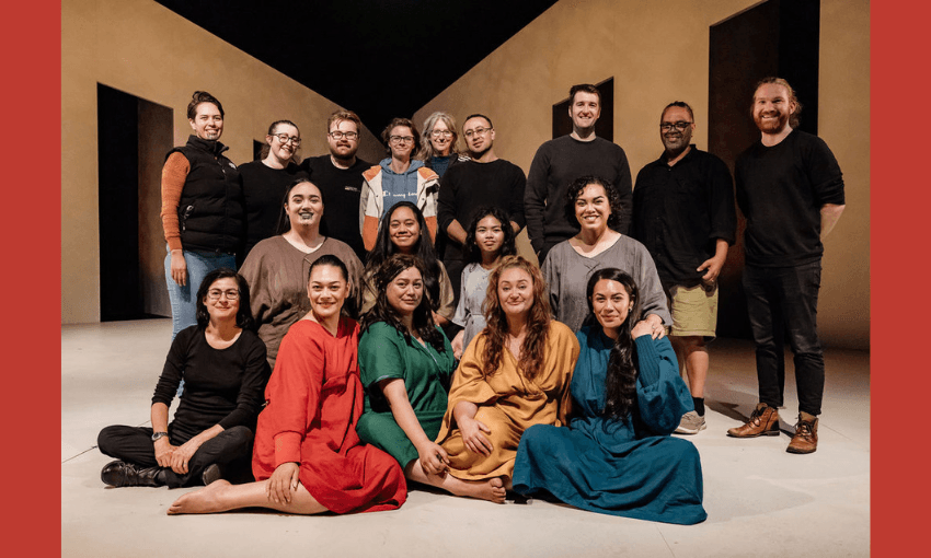 Photo of the cast and crew of Witi's Wāhine. Some are seating, others are standing. They are on the stage with the show set behind them.