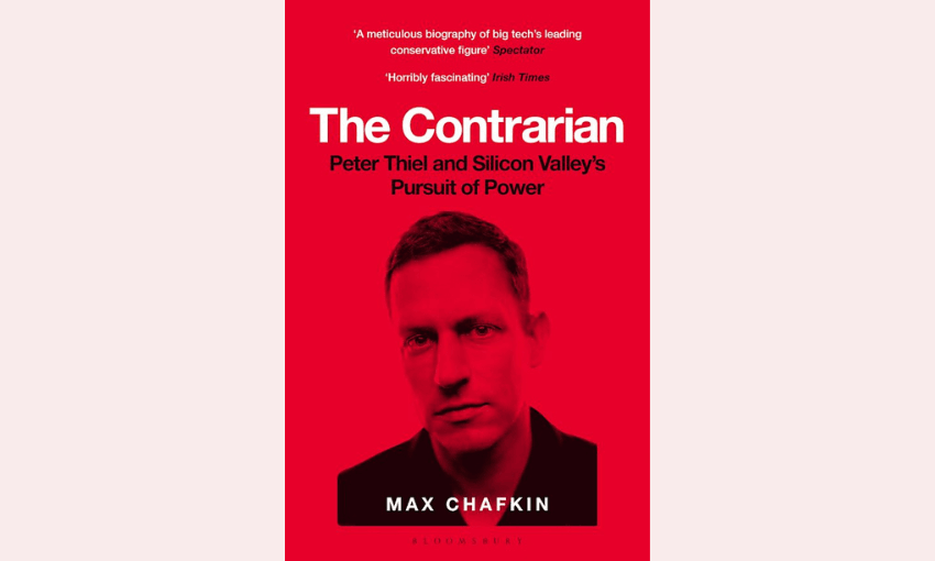 A photograph of a book cover. The book cover is read with white and black text and a black and white photo of Peter Thiel who is the subject of the book.