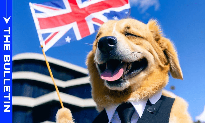 An image created using AI and the prompt “a happy dog being prime minister of New Zealand in front of the Beehive in Wellington, New Zealand holding a New Zealand flag”