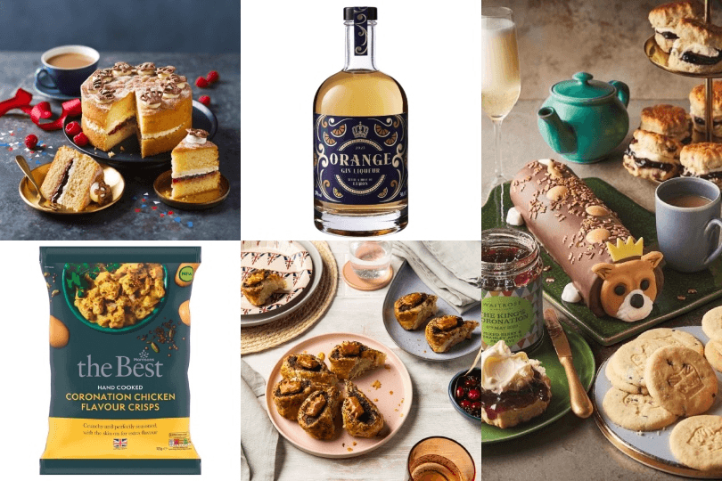 a sponge cake topped with mini crowns, a bottle of coronation liqueur, a packet of coronation chicken chips, crown-topped cakes and a jack russell-themed cake 