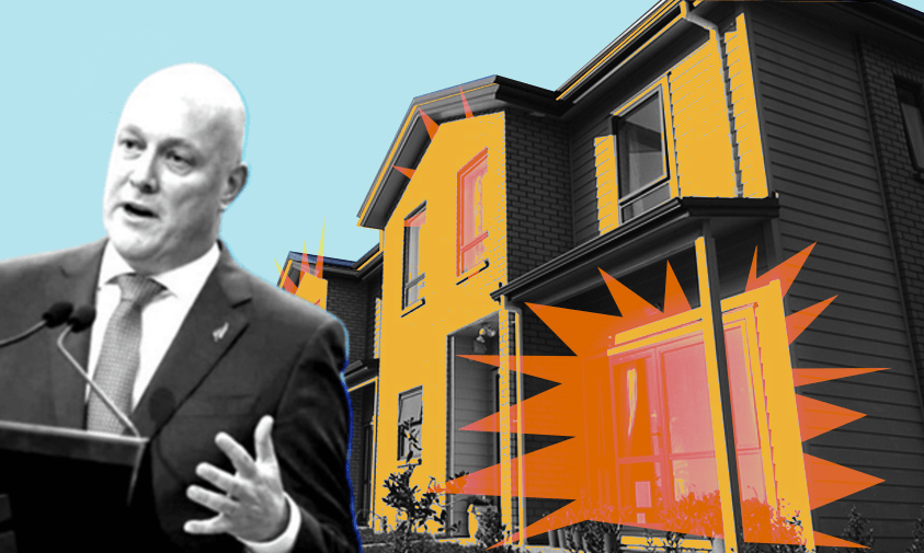 Christopher Luxon against a blue background with medium density housing