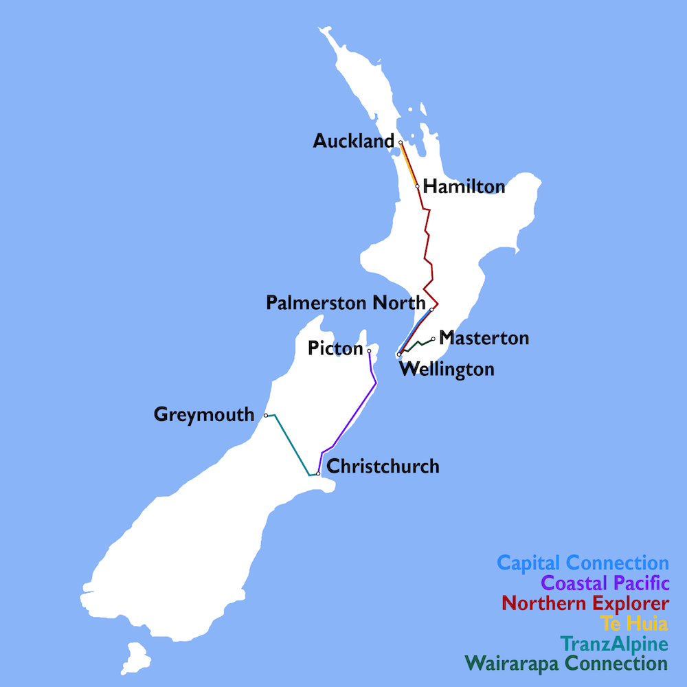 a map of Aotearoa showing the six train lines, four in the North Island and two in the South