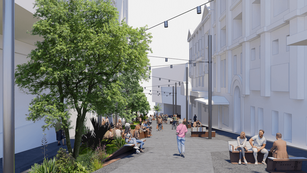 A render of the proposed Mercury Lane pedestrian plaza.