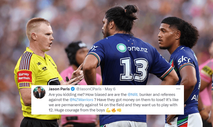 Referee Todd Smith talks to Tohu Harris and Demitric Sifakula of the Warriors during the loss to the Panthers (Photo: Cameron Spencer/Getty Images)