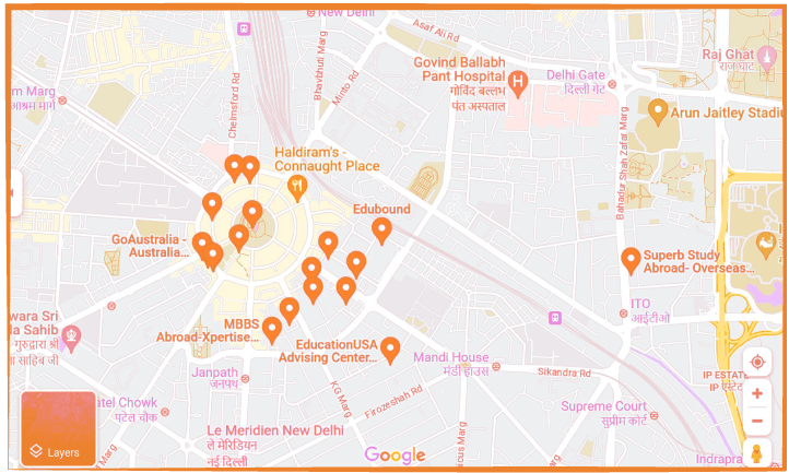 a google maps screenshot of New Delhi with lots and lots of pins for study abroad businesses