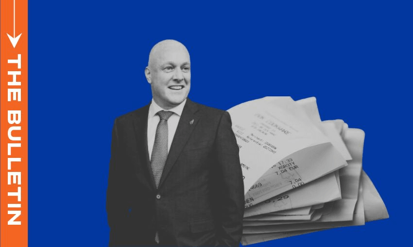 Opposition leader Christopher Luxon next to a pile of paper receipts on a blue background