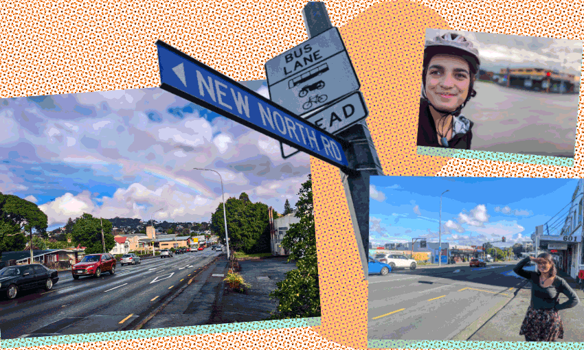 An orange background with a New North Road street sign in the centre, surrounded by snapshot-style photos of New North Road and Shanti Mathias on the road