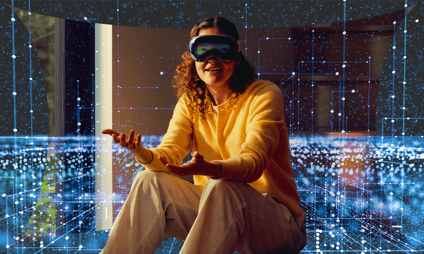 Apple’s Vision Pro straps to your face and offers integration of the digital and physical realms. (Photo: Apple / Design: Tina Tiller) 
