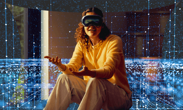 Apple’s Vision Pro straps to your face and offers integration of the digital and physical realms. (Photo: Apple / Design: Tina Tiller) 
