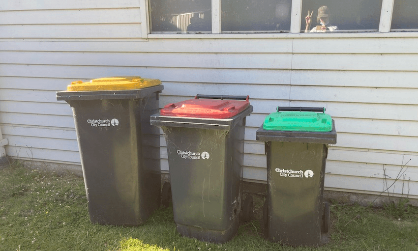 three red yellow and green bins from christchurch