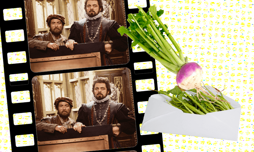 a scene from Blackadder featuring Blackadder and Baldrick appears on a film reel, to the right is a turnip in an envelope
