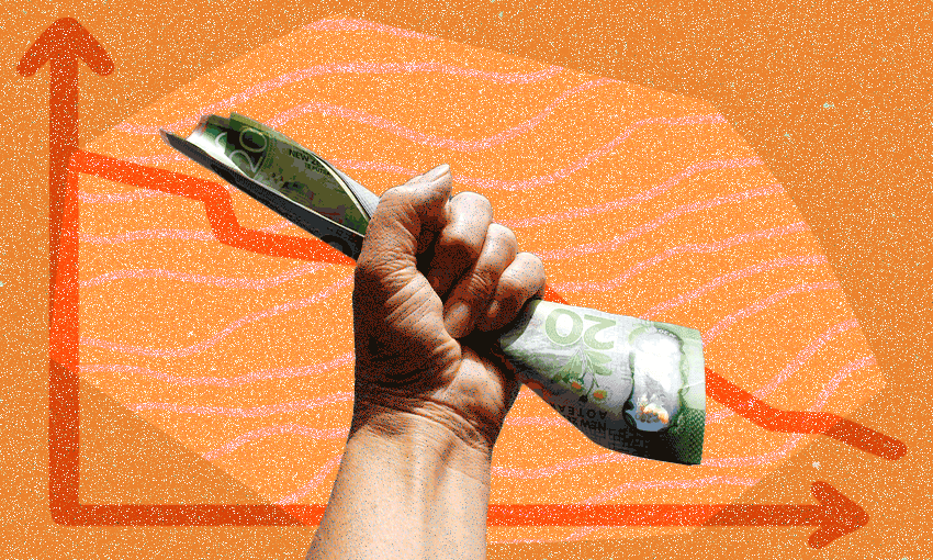 an orange background with a line going down and a fist with some cash in it