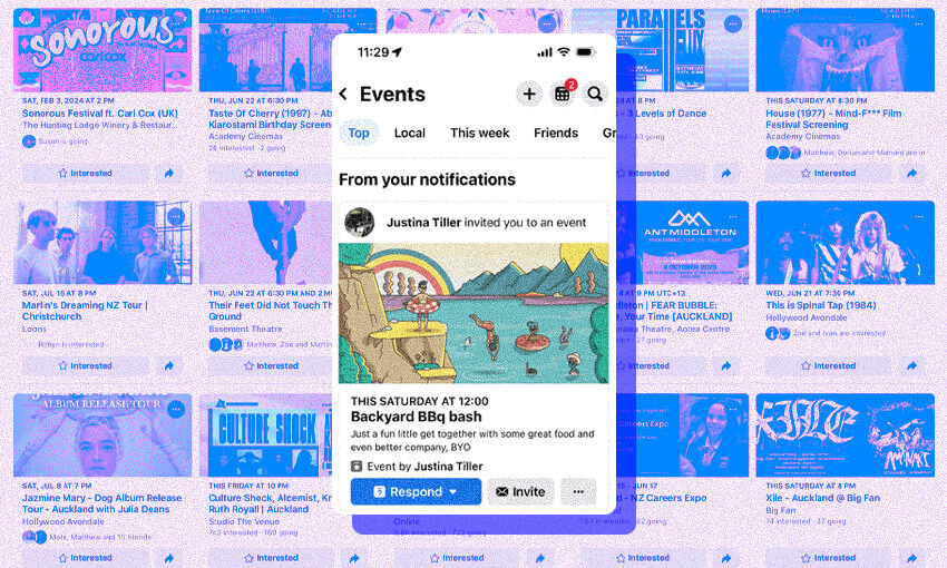 a purple background showing facebook events with an event in colour in the centre which is an invitation to a barbeque with the option to accept or click "going"
