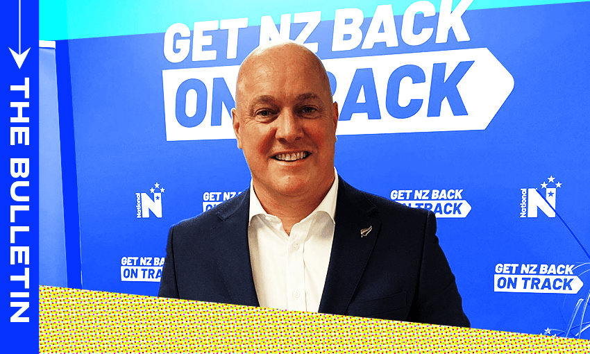 Get NZ’s mojo back — Christopher Luxon at the launch of a pre-election tour in Birkenhead in May (Photo: Stewart Sowman-Lund, design: Archi Banal) 
