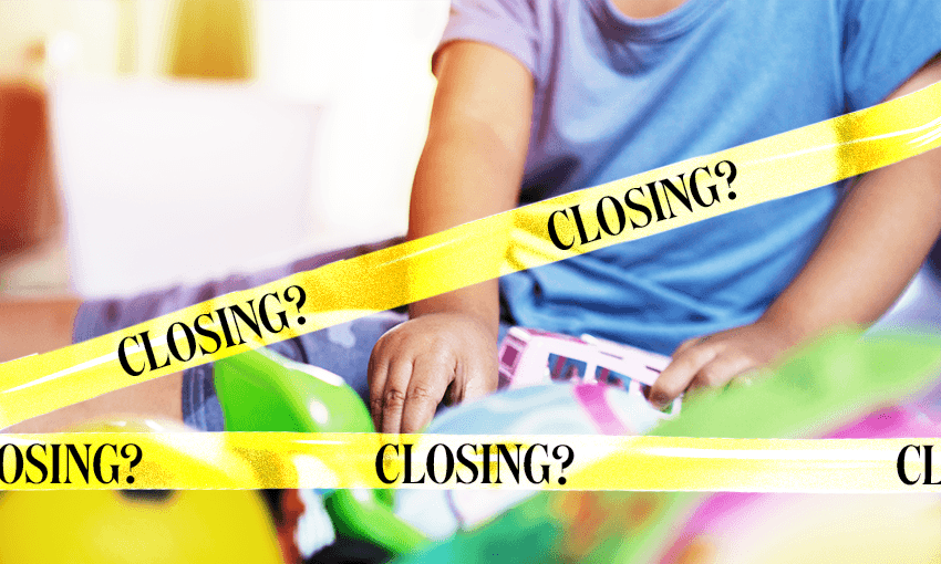 a kid with some toys and yelow tapreading "closing?" over the picture