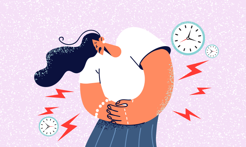 an illustration of a woman with long hair clutching her stomach, with clocks and lightning bolts surrounding her