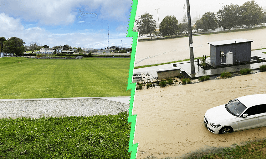 two images of a green field and a flooded field
