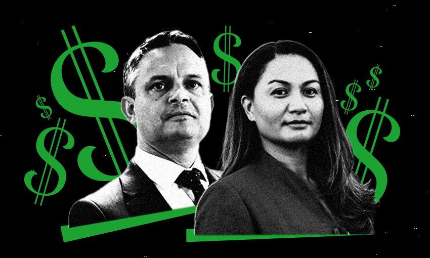 james shaw and marama davidson headshots surround by big green $ signs
