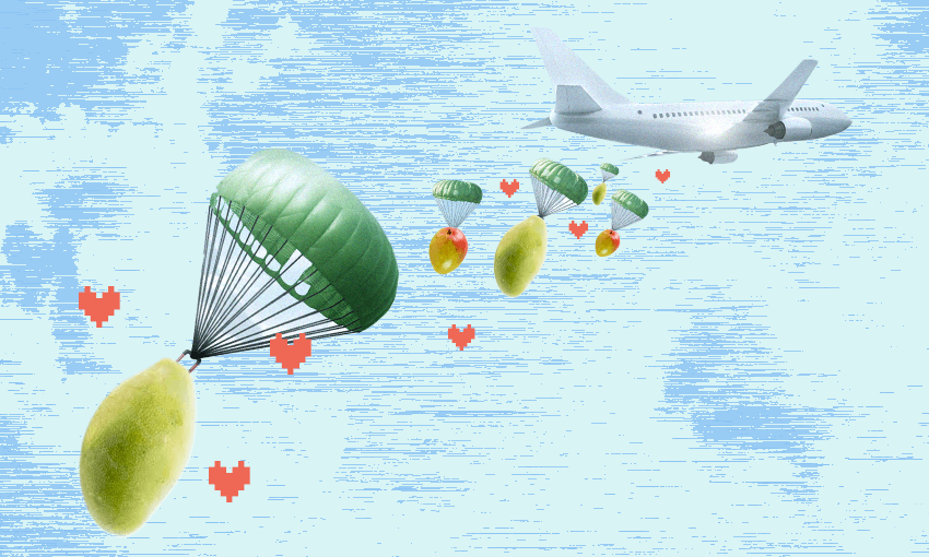a blue sky with mangoes being dropped from a plane by parachutes. with little love hearts!