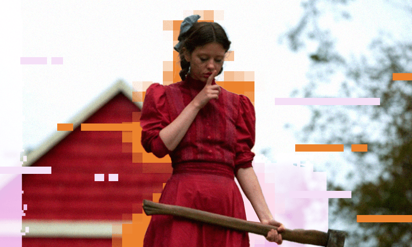 Mia Goth brandishes an axe in the film Pearl.