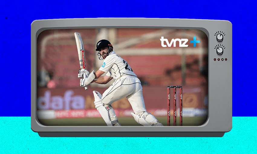 kane williamson batting on a television with tvnz+ in the corner