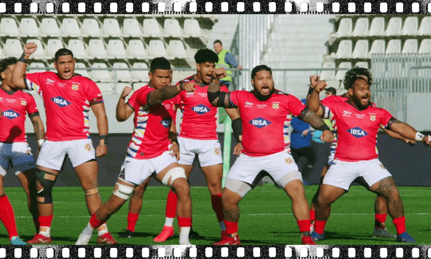 Tongan Rugby Team doing the sipi tau or warrior dance on the rugby field