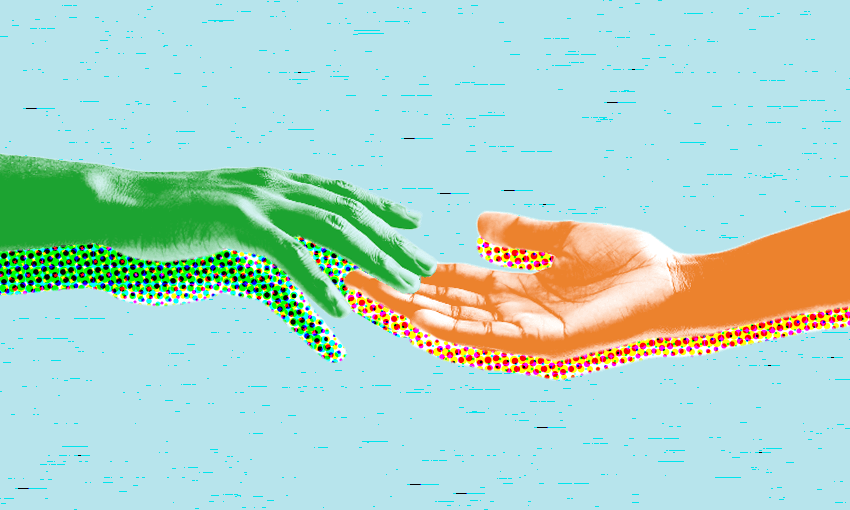 Two hands reaching out towards each other against a blue background