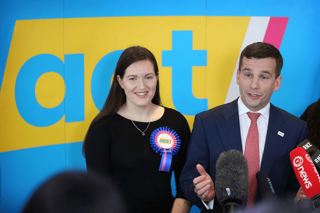 Brooke van Velden and leader David Seymour at the Act Party election campaign launch, July 2020. (Photo: Greg Bowker/Getty Images) 
