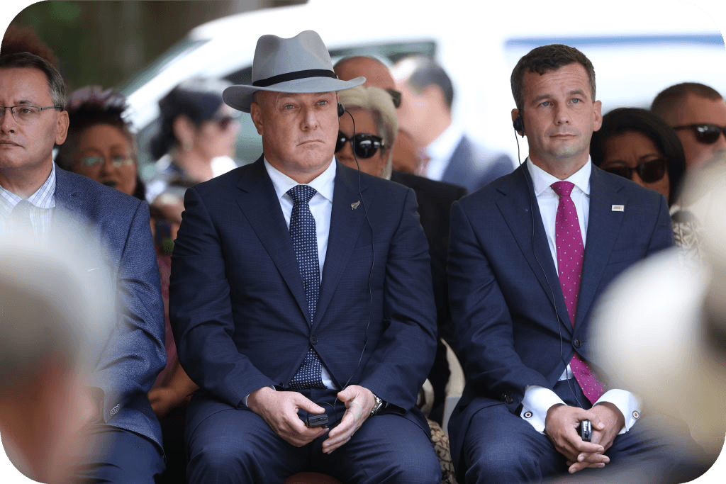 Christopher Luxon and David Seymour at Waitangi on February 5, 2023. Photo: Fiona Goodall/Getty Images 
