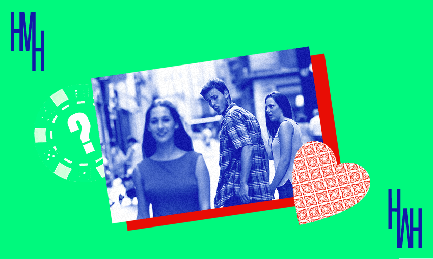 the famous distracted boyfriend meme: a young man looks over his shoulder at a passing woman as his girlfriend looks on horrified. on a green background