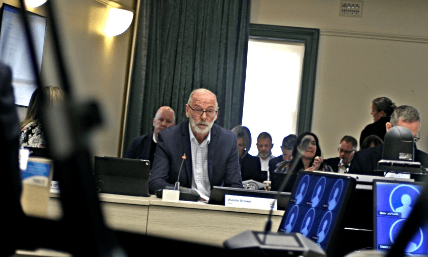 Mayor Wayne Brown chairs a meeting of the Auckland Council governing body. Photo: Toby Manhire 
