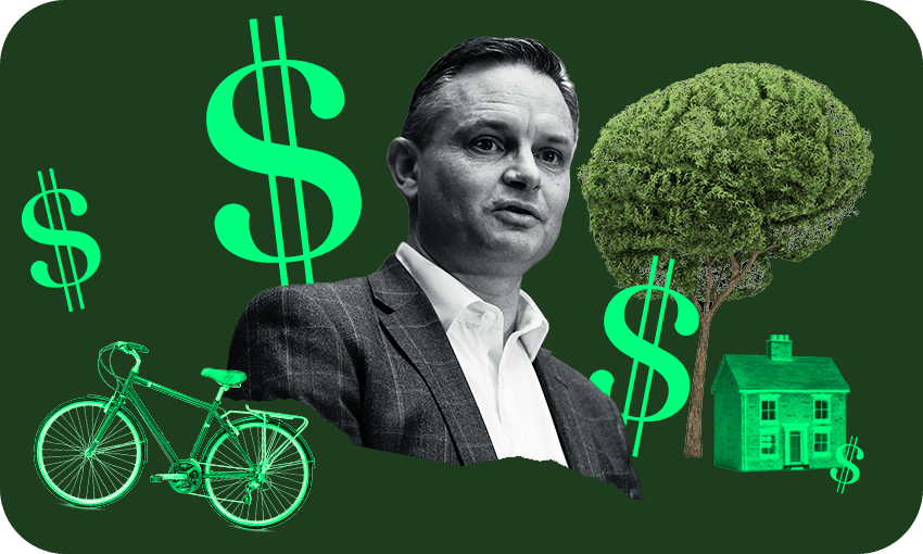 james shaw in black and white on a green background with trees and houses and bikes and dollar signs
