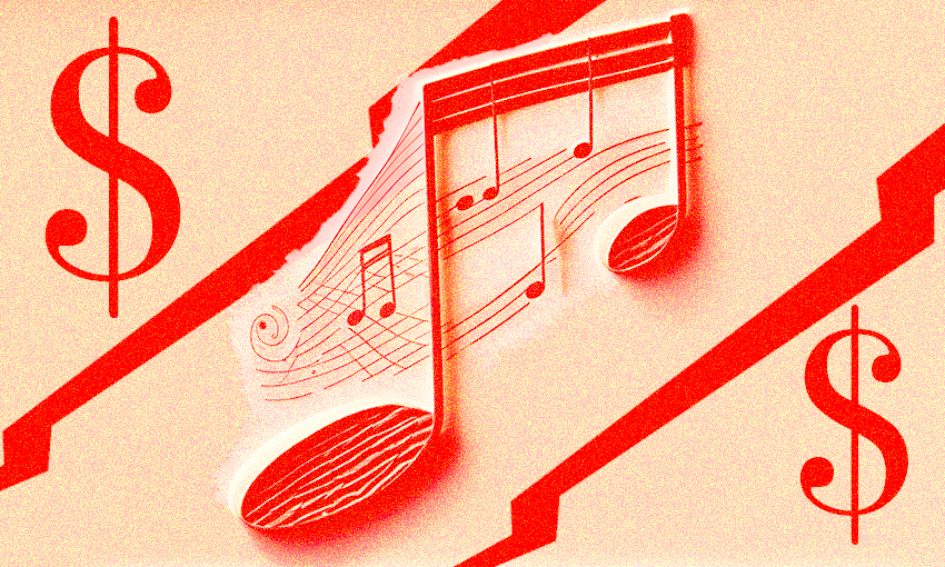 red musical note and dollar signs against a peach background with large red cracks running across