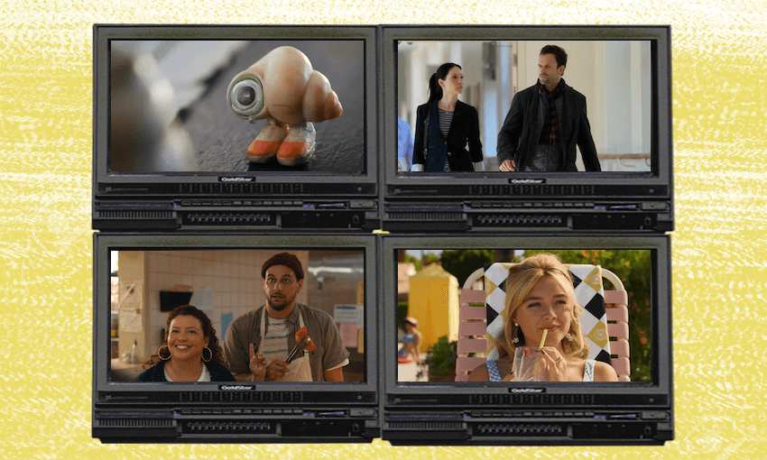 Clockwise: Marcel the Shell With No Shoes On, Lucy Liu and Jonny Lee Miller in Elementary, Florence Pugh in Don’t Worry Darling and Justina Machado and Alejandro Hernandez in The Horror of Dolores Roach. 
