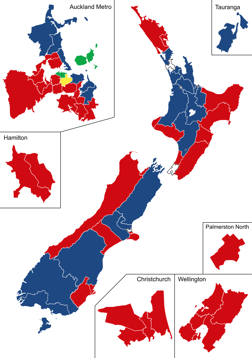 A map of the New Zealand general electorates, including which party won each contest in 2020.