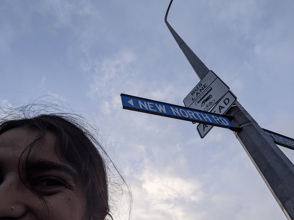 half a head with a roadsign that says symonds street in one direcation and NEw North Road in the other
