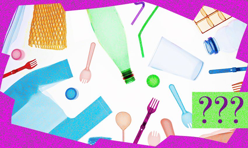 a magenta background with various plastic items and questionmarks