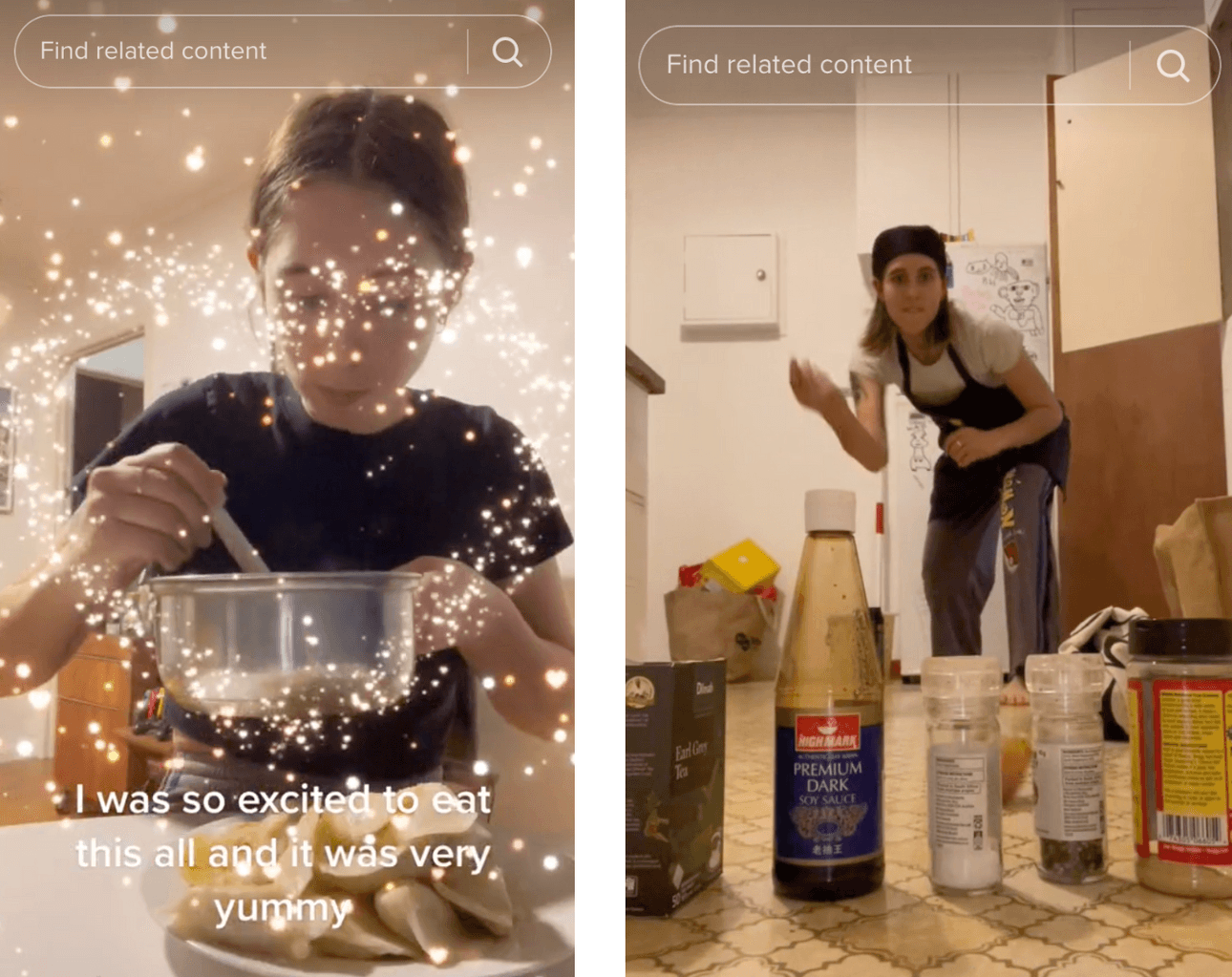 Screenshots from TikTok show Fudgeywudgeychef eating dumplings with a sparkly effect added to the video. The other screenshot shows Fudgeywudgeychef standing behind a lineup of Earl grey tea bags, soy sauce, salt and pepper and nutritional yeast on the kitchen floor as she lobs an onion at them. 