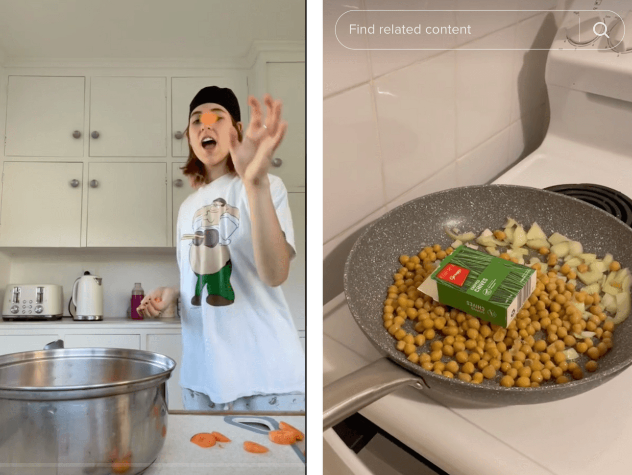 Two screenshots from Fudgeywudgeychef's Tiktok videos. The first shows Fudgeywudgeychef in the kitchen throwing a piece of carrot into a pot, the second image shows a pan filled with chickpeas, onions and a box of dried chives, yes, the actual box.