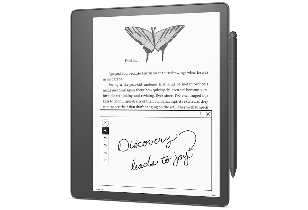 Amazon's Kindle Scribe is bigger and comes with a pen. 