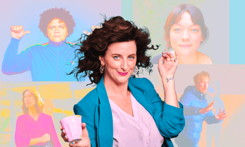 Australian actor Felicity Ward (centre) plays the lead role in The Office Australia, alongside New Zealand actors Josh Thomson and Edith Poor (top), with Jackie Van Beek and Jesse Griffin (bottom) behind the camera (Image: Tina Tiller) 
