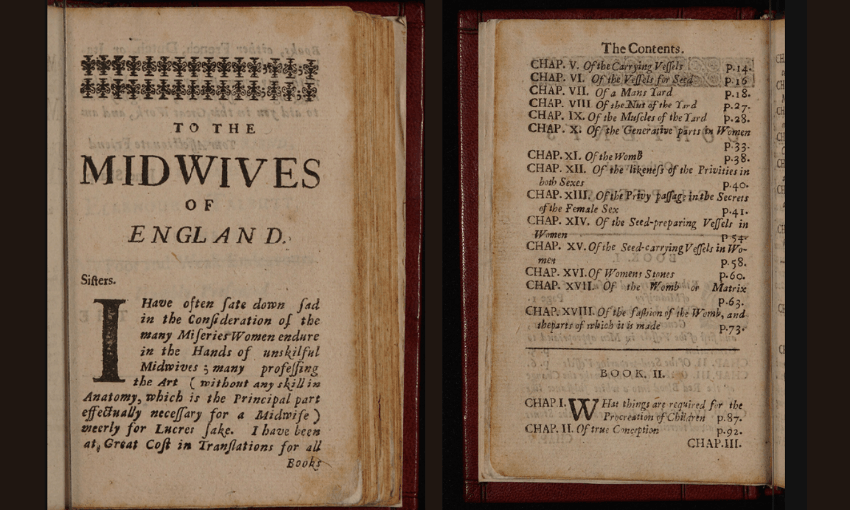 Two pages of a 17th Century book about midwifery shown side-by-side.