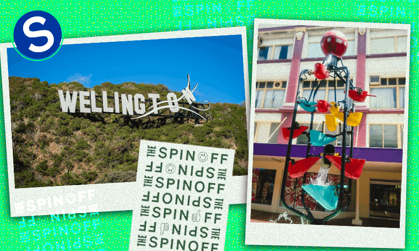 a green background with polaroid-style shots of the Wellington sign on a hillside and Cube Mall's bucket fountain, plus The Spinoff logo repeated multiple times